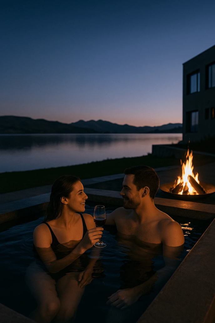 Jacuzzi romántico sobre totora en lago Titicaca con atardecer y masajes