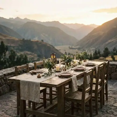 Mesa rústica para cenas con vista panorámica en un entorno natural.